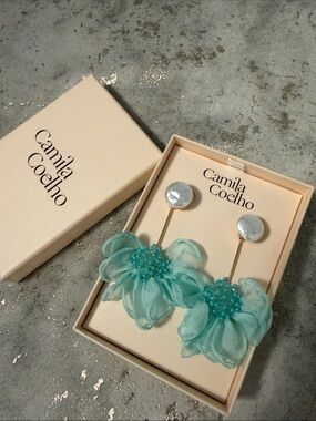Camila Coelho Aqua Floral Drop Earrings with Pearl Tops
